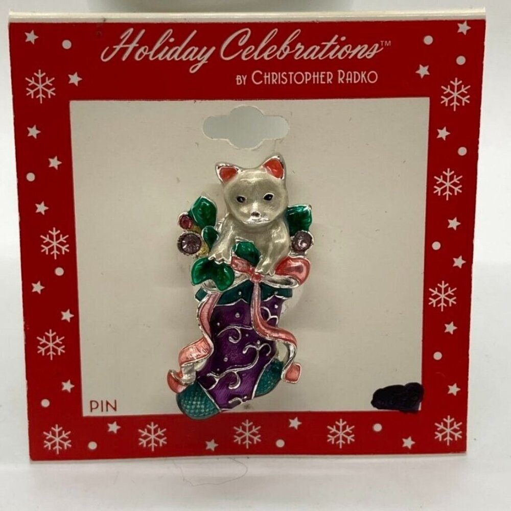Christopher Radko Christmas 2" Pin Kitty Cat Stocking Enamel Rhinestones New